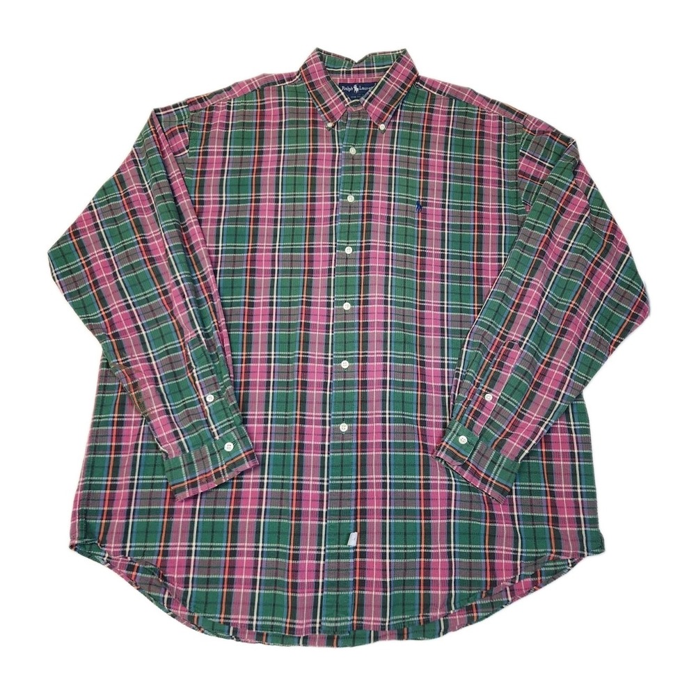 Vintage 90s Ralph Lauren Shirt XXL Plaid Pink Green Textured Cotton Malaysia